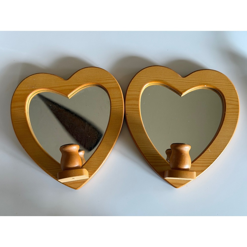 Vintage Heart Shaped Wood Wall Sconce Mirror Candle Holder Set of 2 Light Brown
